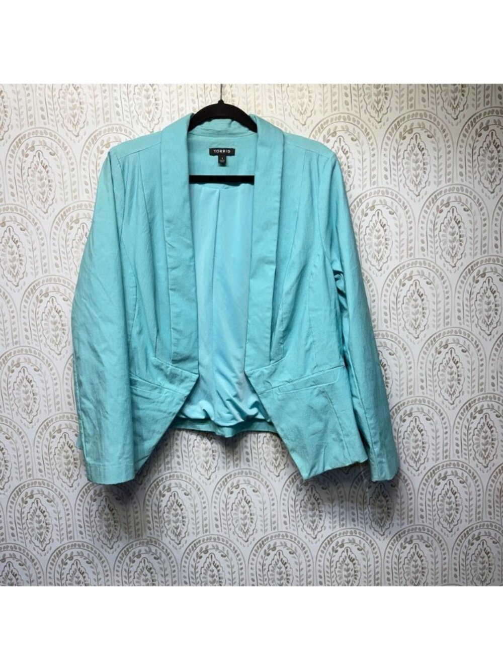 Torrid Blazer Women 1 Aqua Blue Open Front Shawl Collar Draped Rayon Stretch 1X
